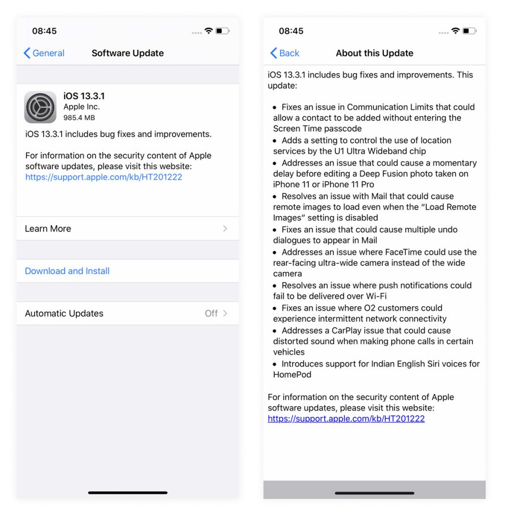 iOS 13.3.1 Changes