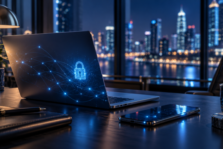 Laptop and smartphone on an office desk, with a digital padlock illustration representing dark web monitoring.