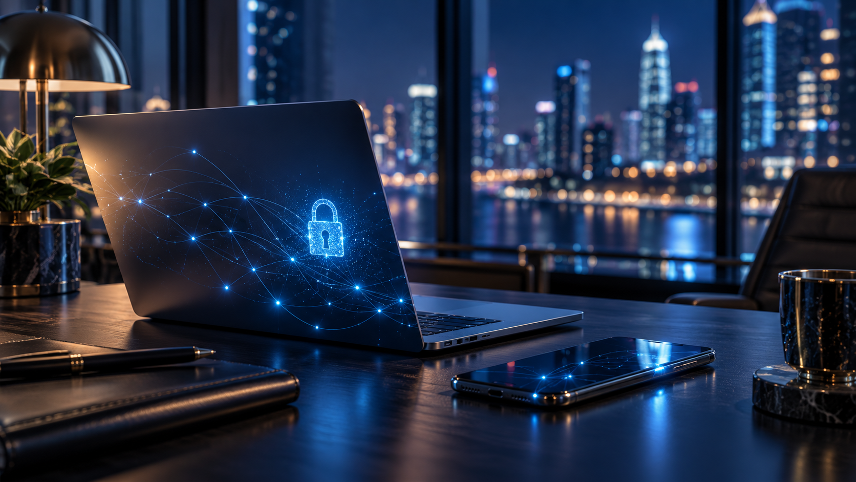 Laptop and phone with a digital padlock illustration representing dark web monitoring