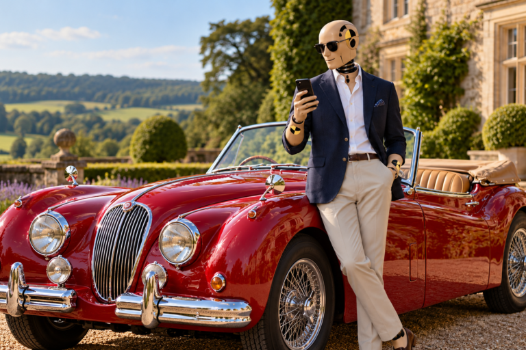 Classic red Jaguar beside stylish dummy Crash-test dummy wearing sunglasses and a navy blazer, holding a smartphone beside a blue classic car.