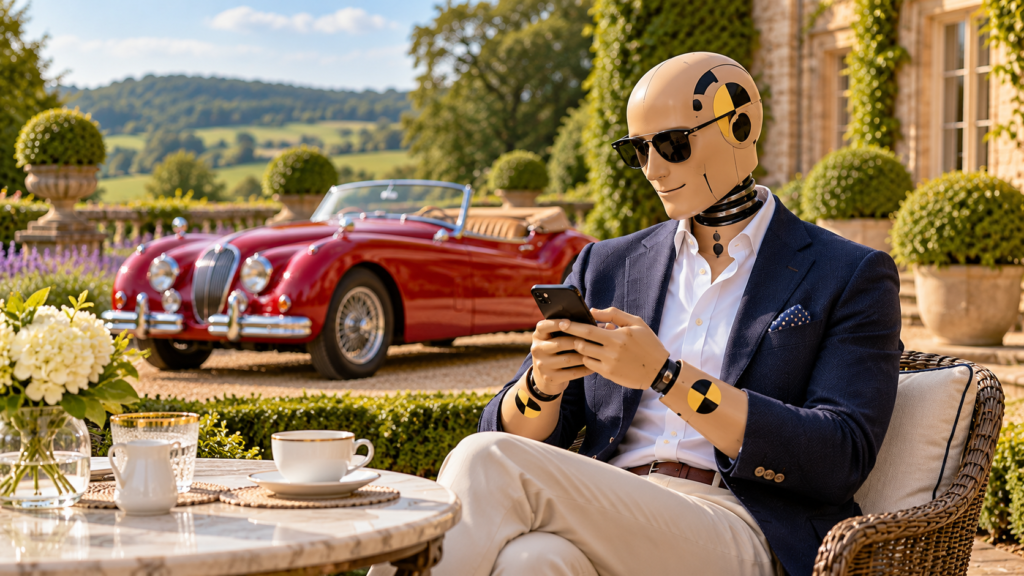 Crash-test dummy in sunglasses using a smartphone at a garden table, with a red classic Jaguar parked behind him.