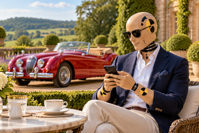 Dummy Preps Emergency Contacts on Terrace Crash-test dummy in sunglasses using a smartphone at a garden table, with a red classic Jaguar parked behind him.
