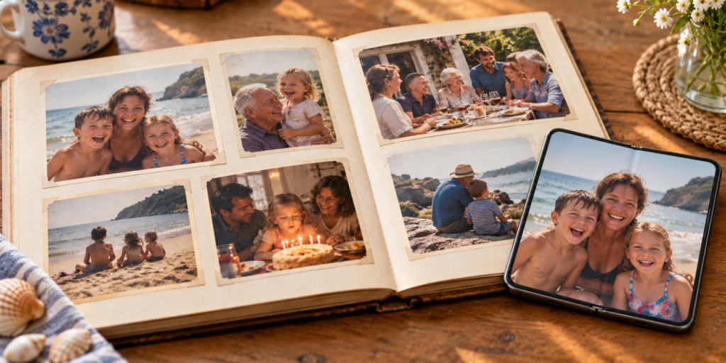 Family photo album beside an open iPhone Duo, illustrating digital legacy planning.