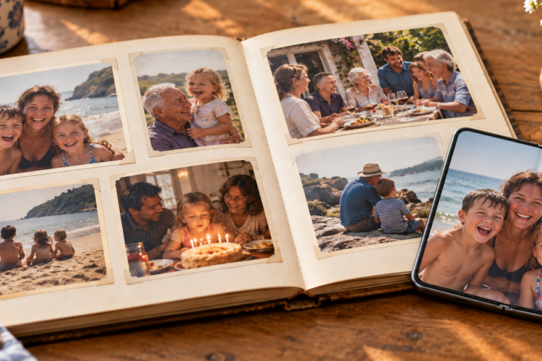Family photo album beside an open iPhone Duo, illustrating digital legacy planning.